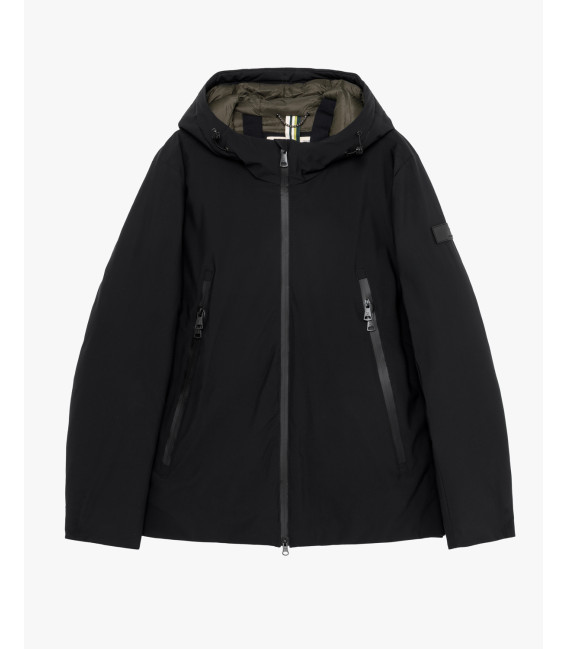 Tech fabric parka with hood and zip pockets