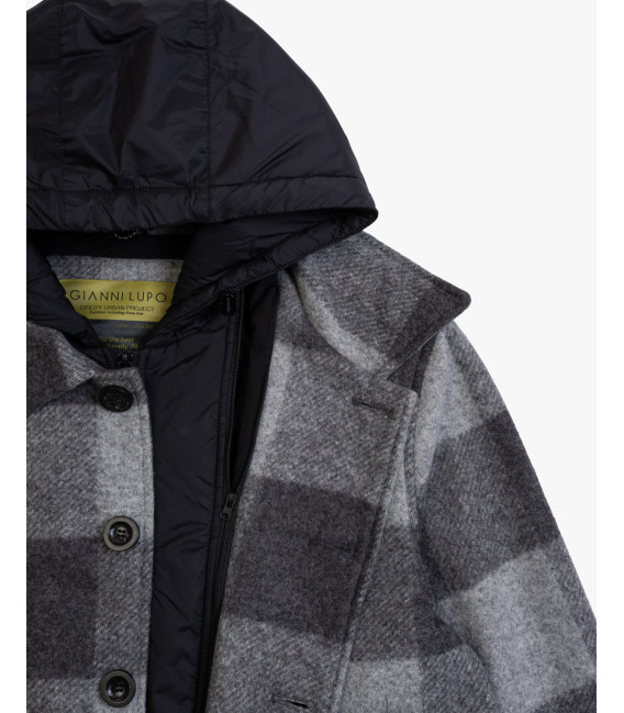 Checked jacket with detachable vest and hood