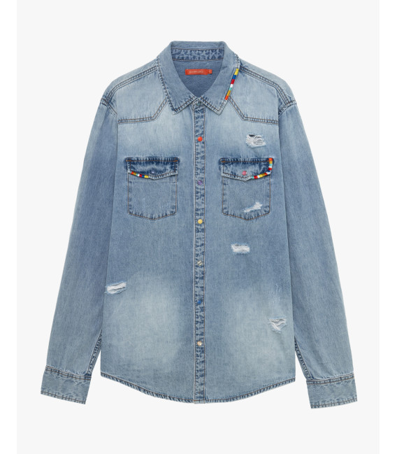 Light-wash denim shirt with distressed details