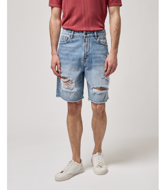 Bermuda in denim con abrasioni