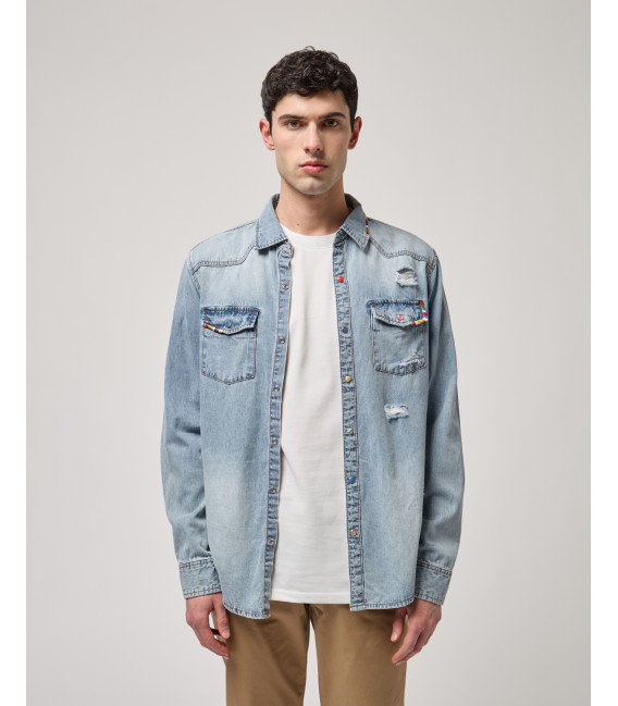 Light-wash denim shirt with distressed details